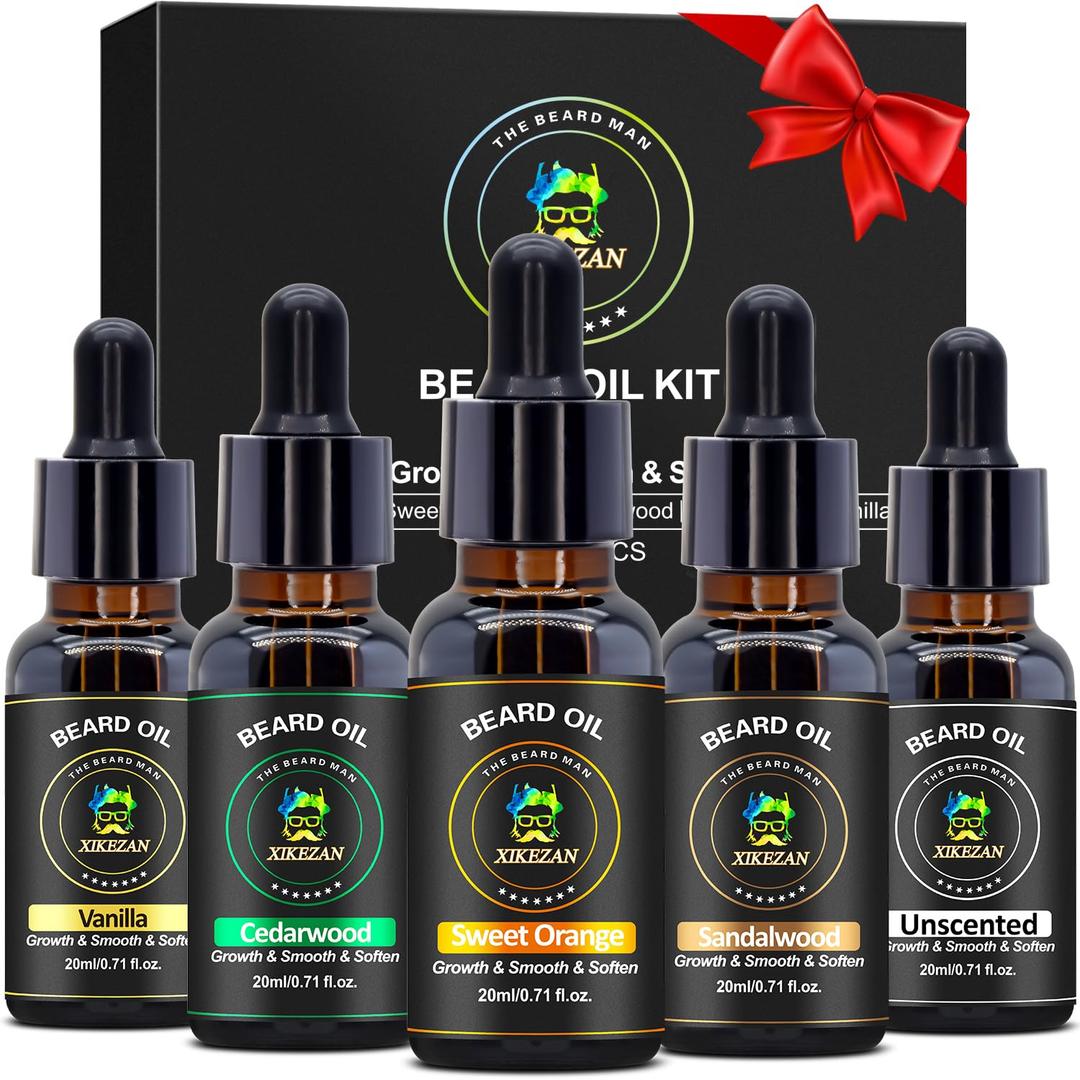 XIKEZAN 5 Pack Beard Oil Set w/Sandalwood, Orange, Vanilla, Cedarwood, Unscented for Beard Care, Moisturizing, Soften,Fathers Valentines Gifts for Him Men Dad Husband Christmas Stocking Stuffers