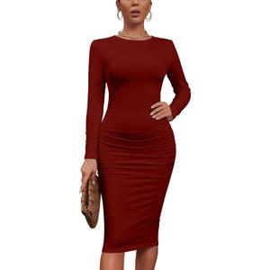 Kaximil Women's Sexy Bodycon Ruched Long Sleeve Basic Midi Club Party Pencil Dresses (Medium, Wine Red)