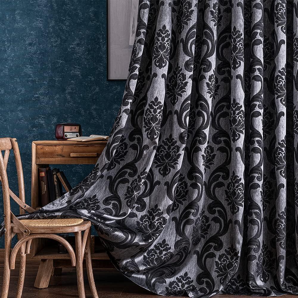 NAPEARL Black Damask Curtains for Living Room, Gothic Style Patterned Bedroom Curtain Drapes, Jacquard Curtains for Bedroom 84 Inch Length, Set of 2 Panels, Each 52 x 84 Inches