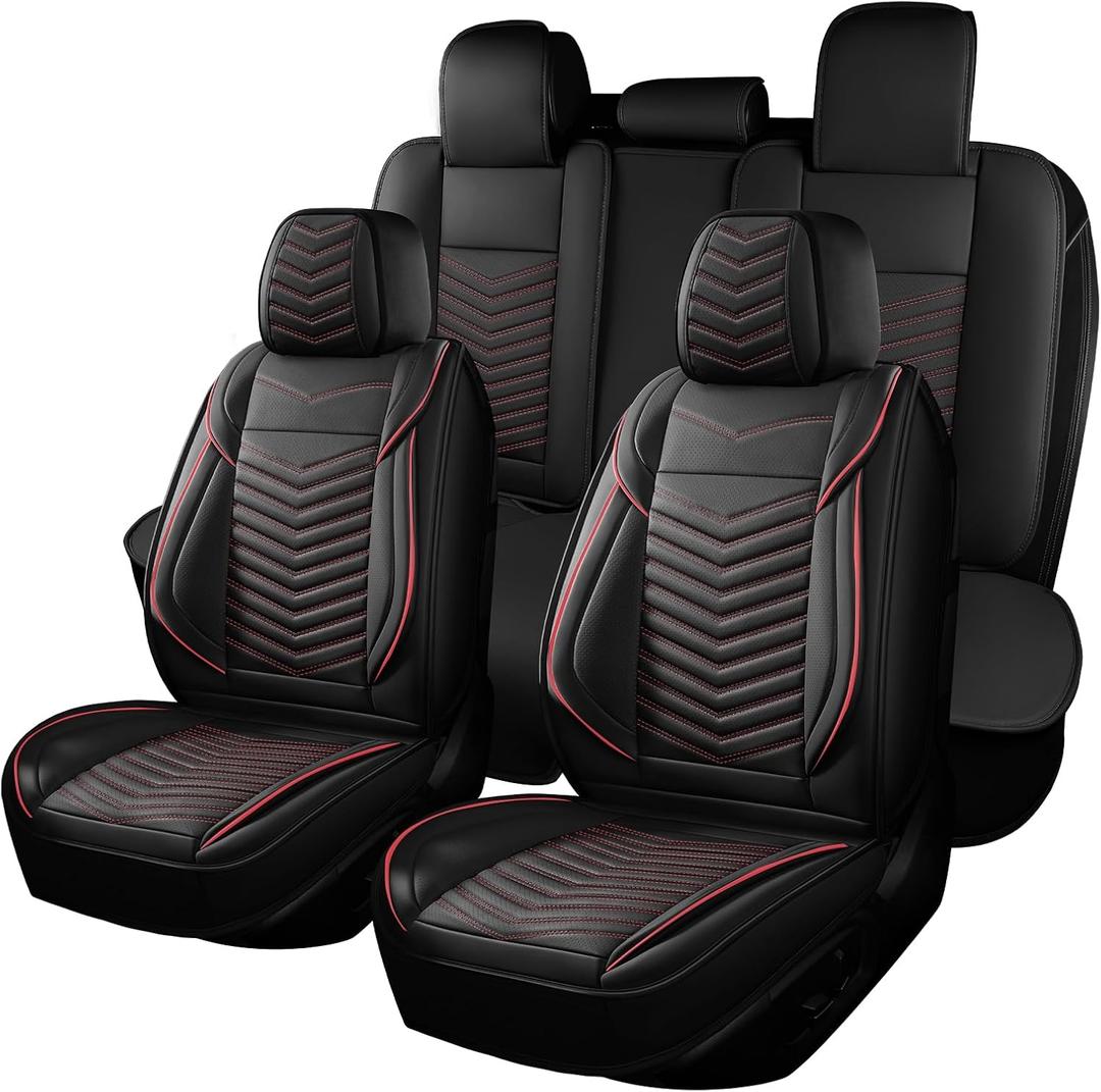HChengkikz Nappa Leather Car Seat Covers Full Set, Car seat Protector 5 Seats, Waterproof Car Seat Cushion, Universal Automotive Seat Covers Fit for SUV Truck Pick-up Sedan, Front and Rear (Style1 Black+Red)