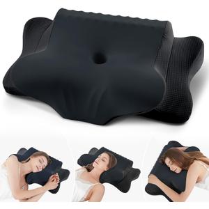 Cervical Pillow for Neck Pain Relief - Cooling Ergonomic Dual-Sided Orthopedic Neck Pillow with Ice Silk Pillowcase, Breathable Memory Foam Contour Pillow for Side, Back, Stomach Sleepers,All Black