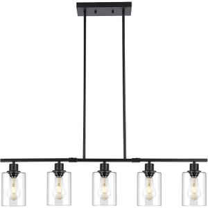 3WWWUEE 39.4" Kitchen Island Lighting, 5 Lights Clear Glass Pendant Light Fixtue, Black Linear Metal Chandelier for Dining&Living Room Foyer, Height Adjustable, E26 Socket