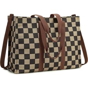 Laptop Tote Bag for Women Work 15.6 inch Canvas Shoulder Bags Computer Messenger Purse Teacher Handbag Office Briefcase (A-Khaki-Black)