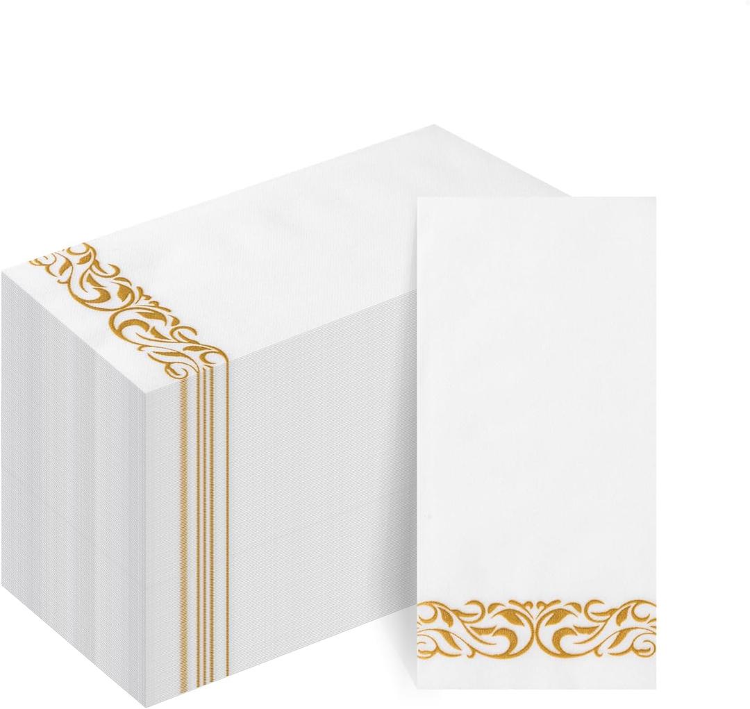 Goodluck 100-Pack Linen-Feel Disposable Guest Towels Soft and Absorbent Paper Hand Towels for Bathroom or Kitchen Elegant White Napkins with Gold Design for Parties, Weddings, Dinners Events