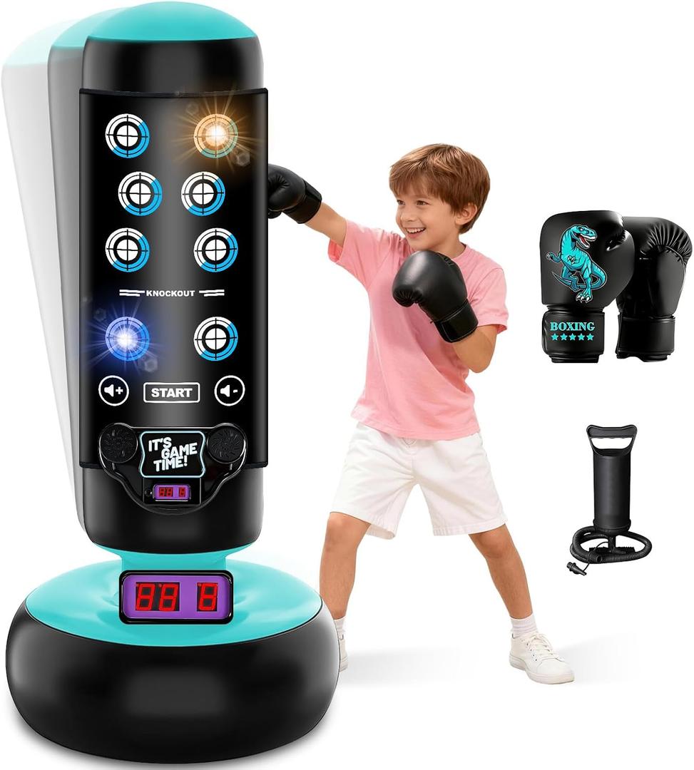 Punching Bag for Kids, 66 Inch Inflatable Boxing Bag with Boxing Gloves, Kid Boxing Set with Scoring, Light, Music, Stand Kids Punching Bag Toy for Age 4-12, for Practicing Karate, Taekwondo, MMA, Black