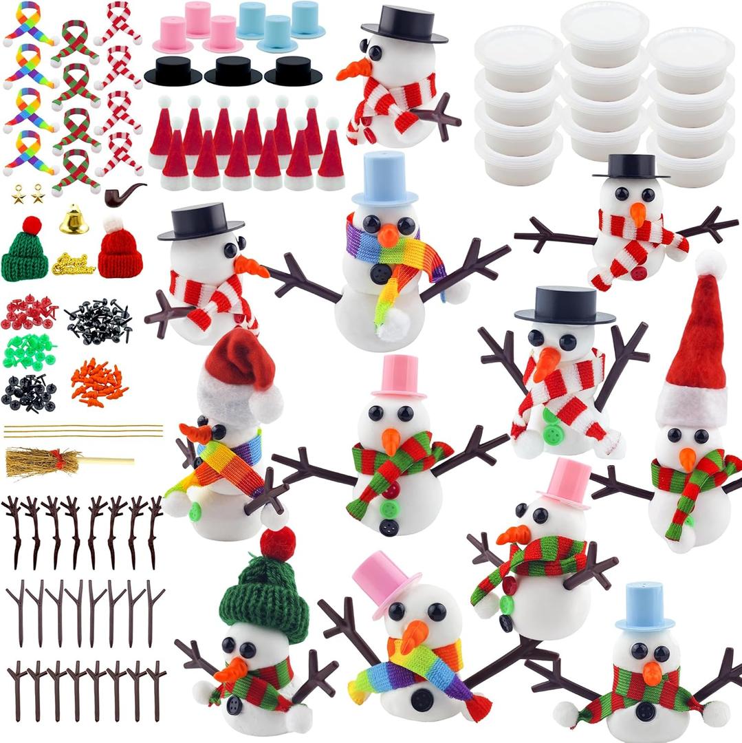 12 Pack Snowman Kits,Fun Build a Snowman Craft for Kids Gifts Winter Family Activity, Christmas Making Snowmen Kit with 12 Scarves, 12 Santa Hats