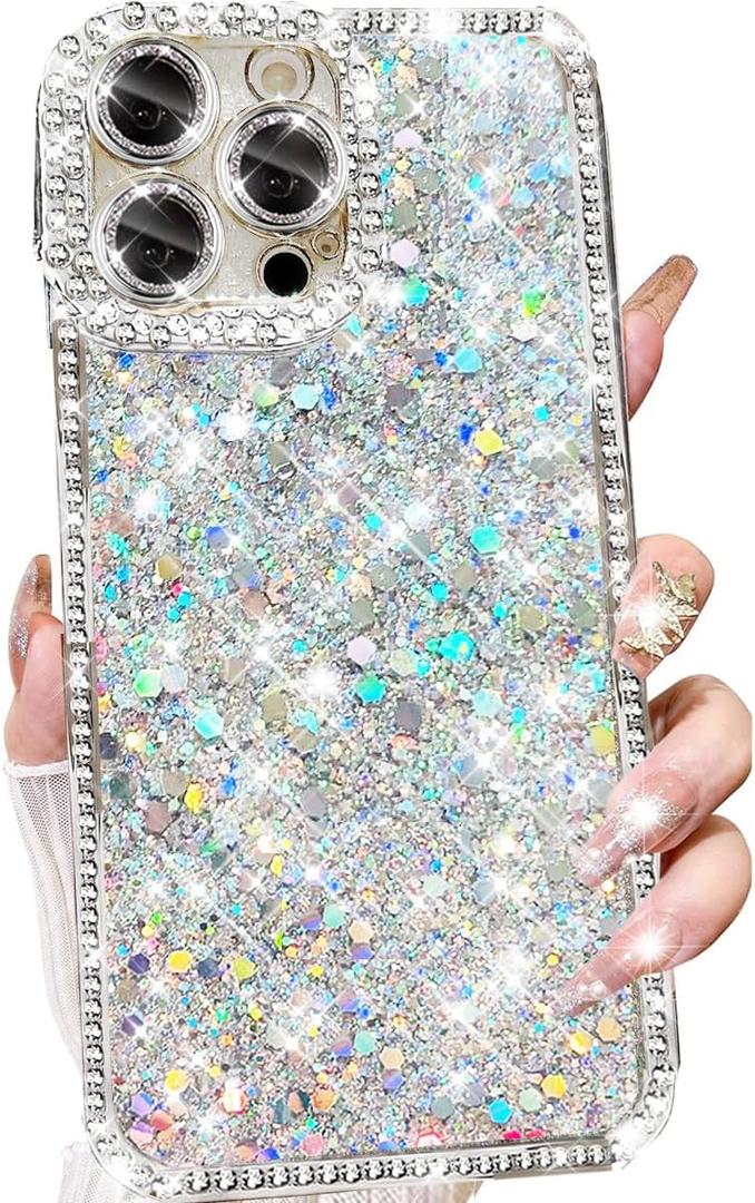 Glitter Bling Case for iPhone 16 Pro Max,Cute Luxury Sparkly Shiny Crystal Diamond Rhinestones Sequin with Camera Protector TPU Bumper Shockproof Women Girls Case for iPhone 16 Pro Max,Silver Glitter Bling Case for iPhone 16 Pro Max,Cute Luxury Sparkly Shiny Crystal Diamond Rhinestones Sequin with Camera Protector TPU Bumper Shockproof Women Girls Case for iPhone 16 Pro Max,Silver