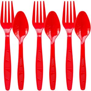 Plastic Forks and Spoons Heavy Duty, Red Disposable Plastic Silverware Set for Party Supplies 96PCS