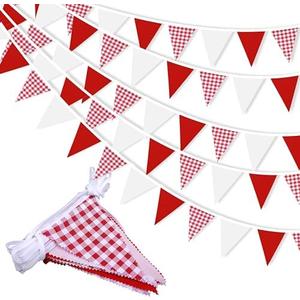 33 ft Red Plaid Checkered White Pennant Banner,Flag Triangle Bunting Garland Decor,Hanging Triangle Banner,for Betrothal Day, Wedding,Birthday,Baby Shower,Graduation,Christmas(White Red Plaid Banner)