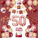 Trgowaul 50th Birthday Decorations for Women, Burgundy Red Rose Gold 50th Birthday Party Supplies, Banner, Sash and Crown, Cake Topper, 50 Number Balloon, Fringe Curtains, 50 Year Old Decoration Set