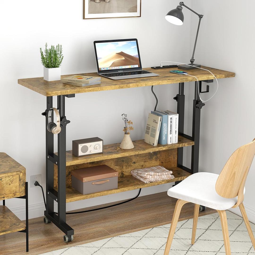 Hadulcet Small Standing Desk with Charging Station, Rolling Desk Adjustable Height, Mobile Laptop with Wheels, Portable Stand Up for Treadmill Walking Pad, 32" Rustic Brown