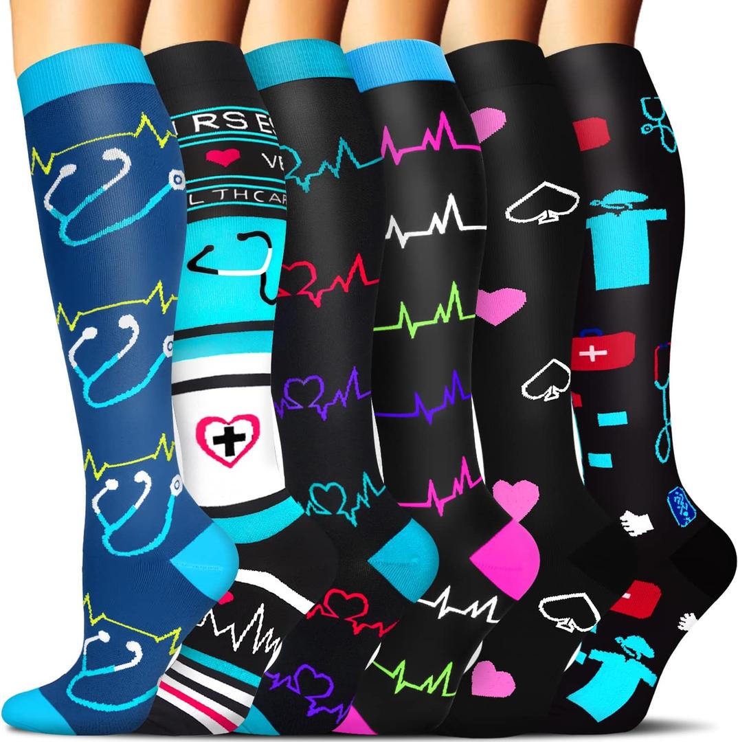 Compression Socks for Women & Men 6 Pairs is Best Supportive Knee High Stockings for Circulation, Travel, Nurses (Large-X-Large, 01 Assorted 1)
