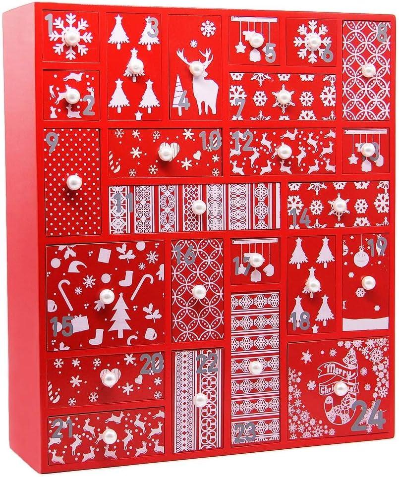 Juegoal Red Advent Calendar with 24 Drawers Countdown to Christmas, Refillable Wooden Advent, Christmas Gift for Children, 15 Inches Tall