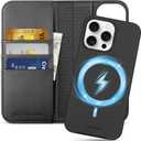 SHIELDON Case for iPhone 15 Pro Max, Genuine Leather Detachable 2 in 1 Wallet Wireless Charging Kickstand RFID Blocking Card Holder Magnetic Protective Case Compatible with iPhone 15 ProMax - Black