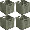 Handwoven Paper Woven Cube Basket Organizer with Handles set of 4 Foldable Storage baskets for Bedroom Living Room Cubby Storage Units for Clothes Books Toys (Green, 13" L x 13" W x 13" H)