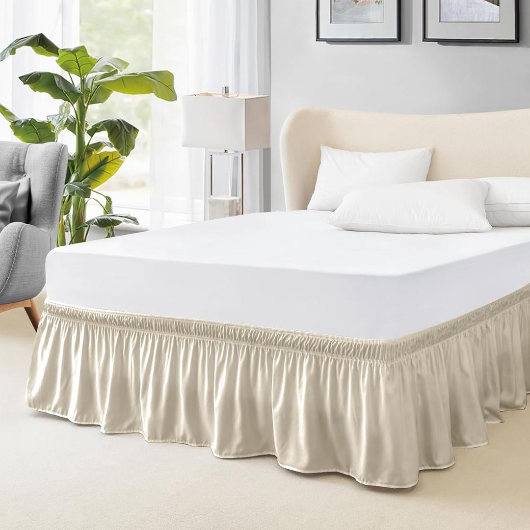 FreshCulture Twin Bed Skirt, Elastic Wrap Around Bed Skirt Twin Size, Bed Skirts for Adjustable Bed, Easy Fit with 15 Inch Drop Length, Hotel Quality Dust Ruffle for Twin Bed (Cream)
