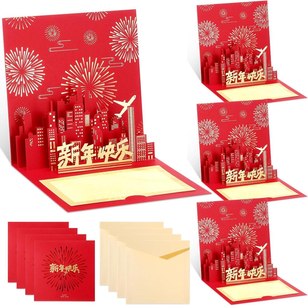 4 Pcs Happy Chinese New Year Cards 2026 Year of The Horse Cards with Envelopes 3D Golden Fu Pop up Card Lunar Greeting Card for Women Men Spring Festival Gifts (Classic Style)