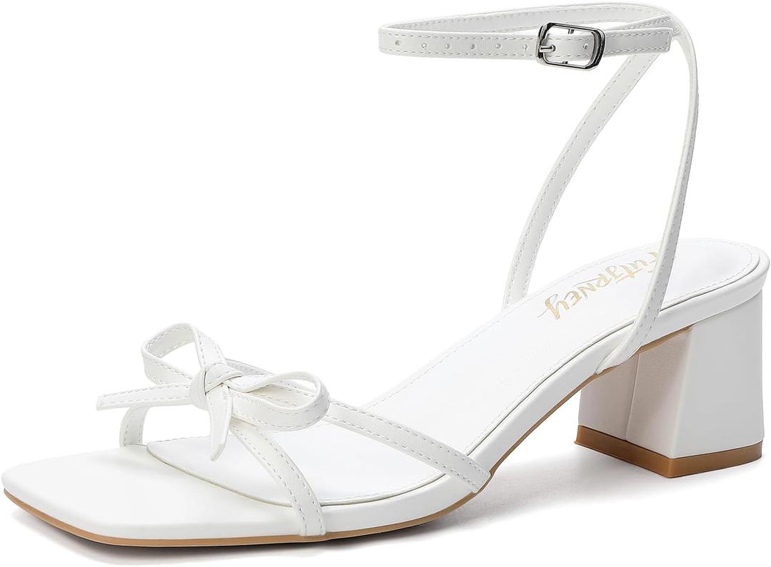 FUTJRNEY Women's Bow Strappy Heels Block Chunky Square Open Toe Low Heels Dress Sandals for Wedding Party(7,White)