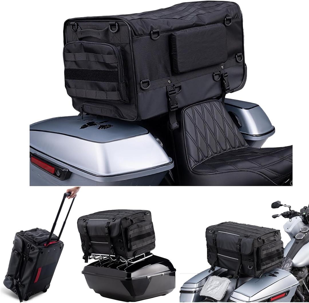 Motorcycle Touring Seat Bag Trolley Case with Wheels, Waterproof Suitcase, Luggage, Duffel, Tail, Tour Trunk, Gear, Rear Rack Bag, Sissy Bar Bag Compatible with Harley (50L/13Gallons), Bag 