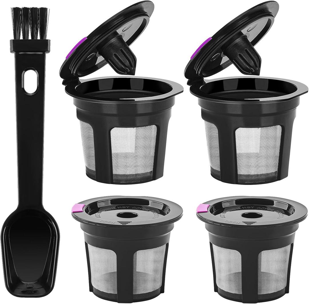 Reusable K Cups for 1.0 Brewers with Coffee Spoon - 4 Packs Refillable Coffee Pods, Stainless Steel Universal Kcup Filters, BPA Free & Easy to Clean