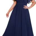 Plus Size Formal Dresses - V Neck Flutter Sleeve Glitter Prom Evening Gowns Wedding Guest Chiffon Long Maxi Dress, Size: 22 Plus