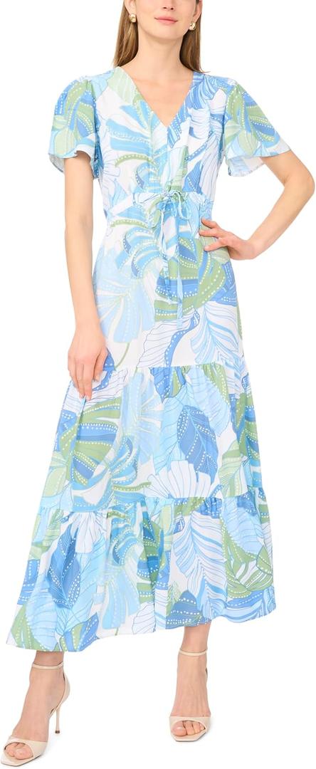 Vince Camuto Women's Tie Waist Cap Sleeve Tiered Maxi Dress (Blue, M)