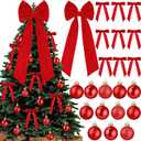 Gejoy Velvet Bow Christmas Tree Decoration Set, 30 Pcs Small Bows 1 Pcs 47" x 15.7" Large Tree Topper Satin Bows and 36 Christmas Balls Ornaments, Xmas Glitter Balls for Holiday Decor(Red Velvet)