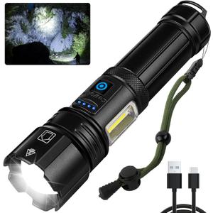 KINGCAESAR Flashlights High Lumens Rechargeable - 90,000 Lumens, Super Bright Flash Light with 5 Modes, IPX7 Waterproof Powerful LED Flashlight for Home, Outdoor Activities (Black)