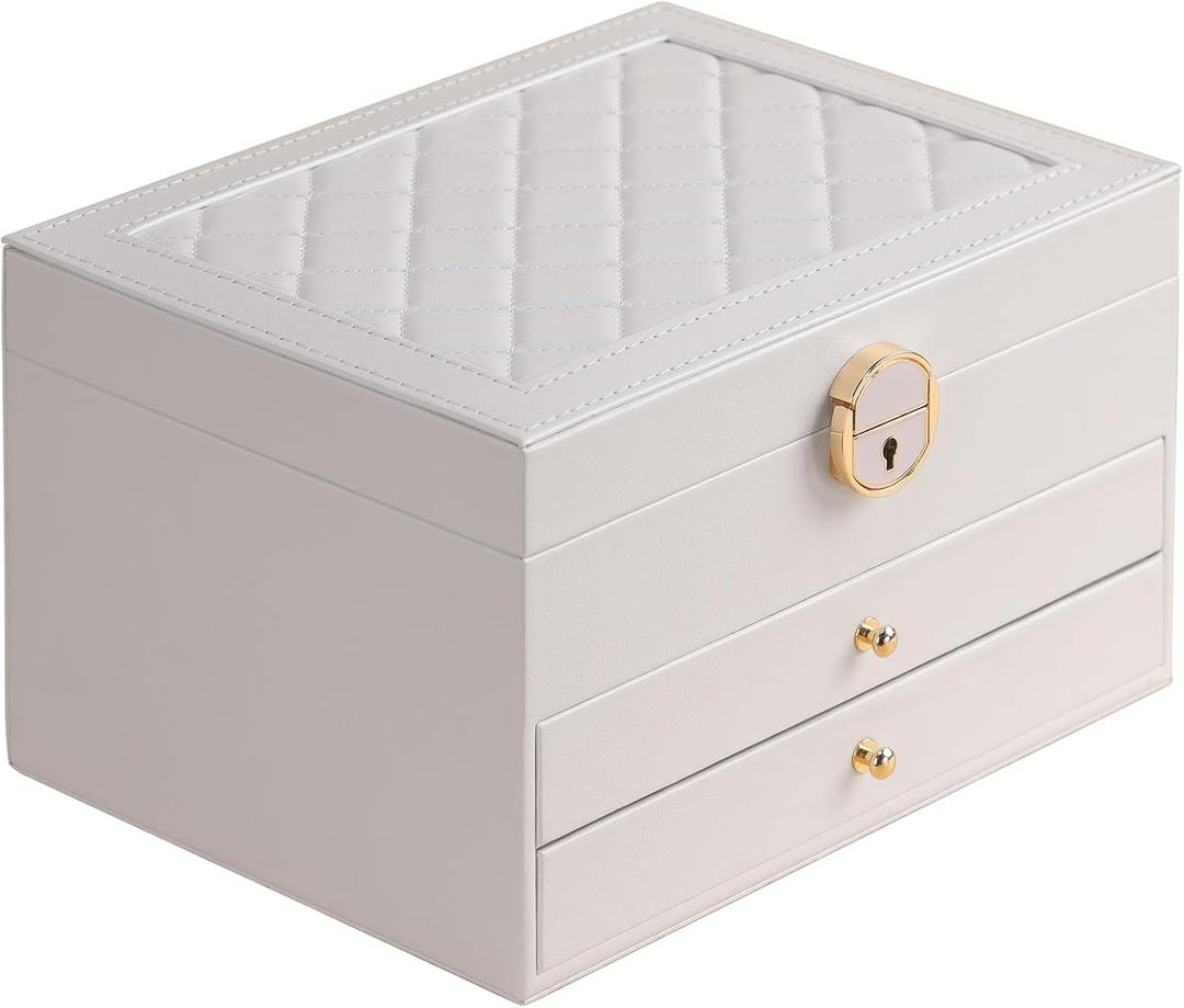 GUOER Jewelry Box for Women Girl Wife 3 Layers Large PU Leather Jewelry Organizer Storage Case with Two drawers Display for Earrings Bracelets Rings Watches Mother's Day (White)