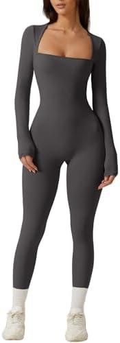 QINSEN Womens Sexy Square Neck Long Sleeve Full Length Leggings Bodycon Stretch Jumpsuit, L