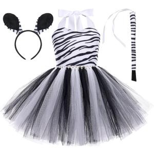 IWEMEK Girls Zebra Cosplay Costume 3pcs with Ears Headband Tail Animal Fancy Costume Kit Halloween Cosplay Birthday Party Outfits Baby Girl Jungle Themed Cosplay Dress Christmas Zebra 6-12 Months