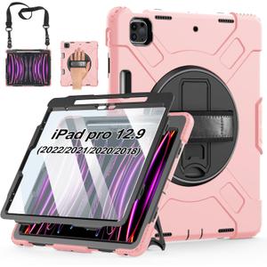 Case for iPad Pro 12.9 2022/2021/ 2020/2018: Cover for iPad Pro 12.9 6th/ 5th/ 4th/ 3rd Generation with Screen Protector- Stand- Pencil Holder- Handle- Shoulder Strap Pink