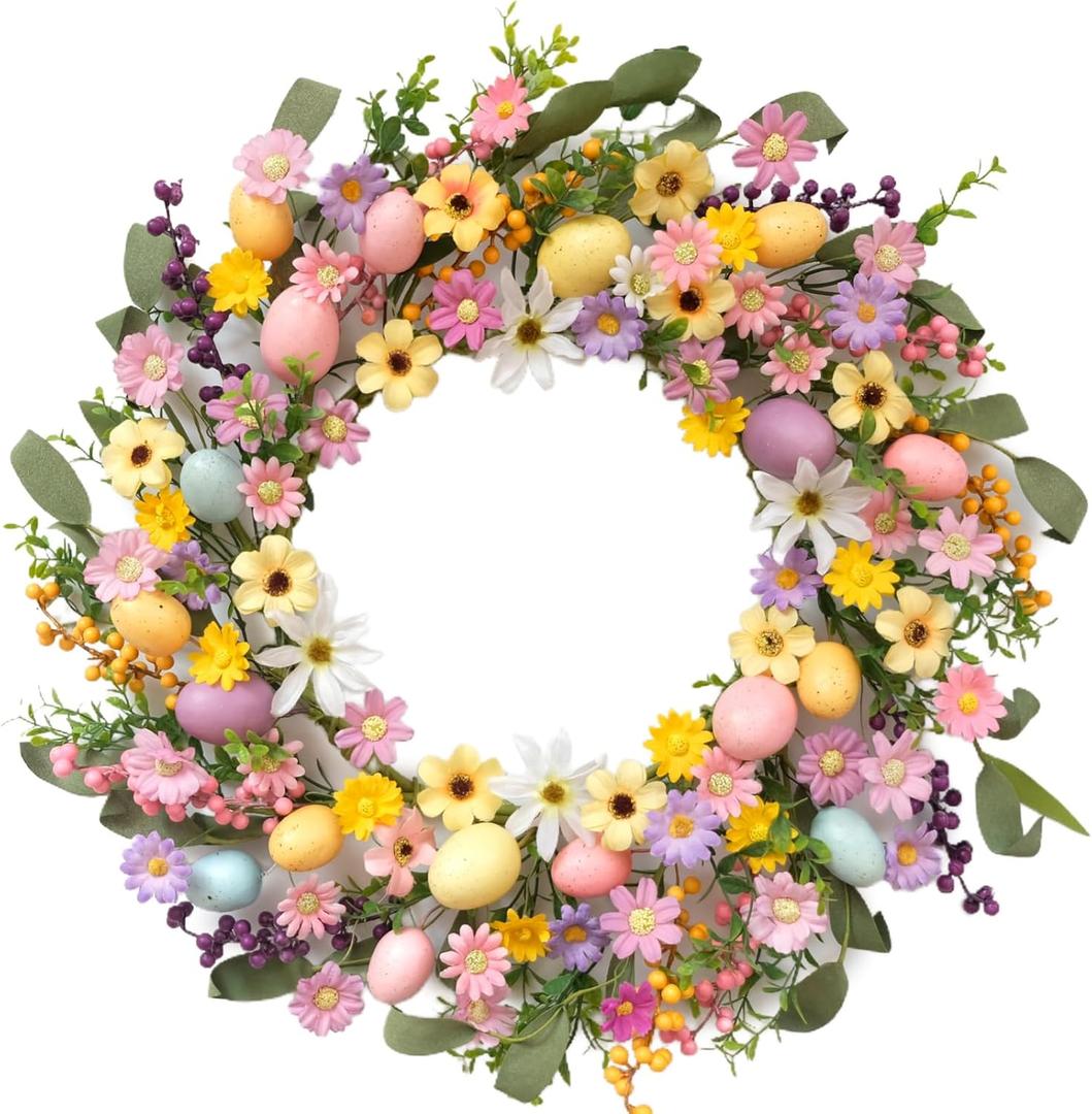 22 Inch Spring Wreath Front Door Wreaths with Colorful Eggs, Flowers and Berries for Easter, Spring Home, Porch, Wall, Party and Indoor Decoration