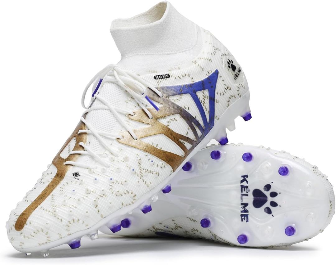 KELME Flash Laceless Soccer Cleats Men High-Tops Lightweight Soccer Shoes Outdoor Unisex Adult Youth Artificial Multi Ground (6.5, White Gold)