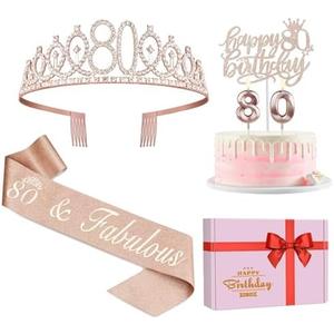 80th Birthday Decorations for Women, Including 80th Birthday Sash and Crown, Cake Topper and Candles, 80 Year Old Gifts for Women