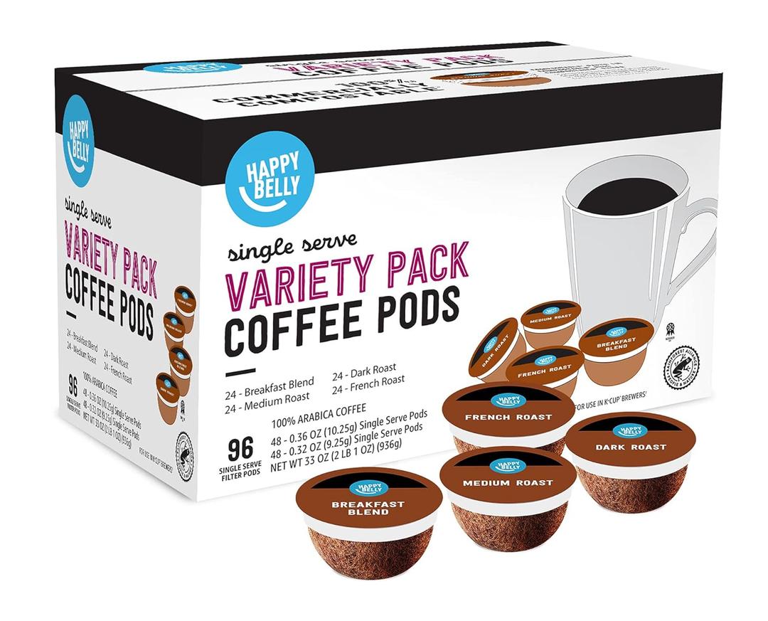 Amazon Brand - Happy Belly Variety Pack Compostable Coffee Pods, Compatible with K-Cup Brewer (Breakfast Blend, Dark/ Medium/ French Roast) 96 count (Pack of 1). BB Date 03-08-27