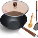 WANGYUANJI Carbon Steel Wok Pan with Lid (12.6"), Ultra-Lightweight 2.9lb Stir Fry Pan for Electric, Induction & Gas Stoves, Pre-Seasoned Flat Bottom Iron Skillet with Spatula, No Chemical Coating