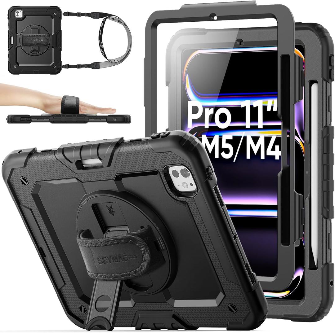 SEYMAC stock Case for iPad Pro 11-inch M5-M4 2025-2024, Shockproof Heavy Duty Case with Screen Protector, Pencil Holder, Rotating Stand, Hand Strap, Shoulder Strap, Black