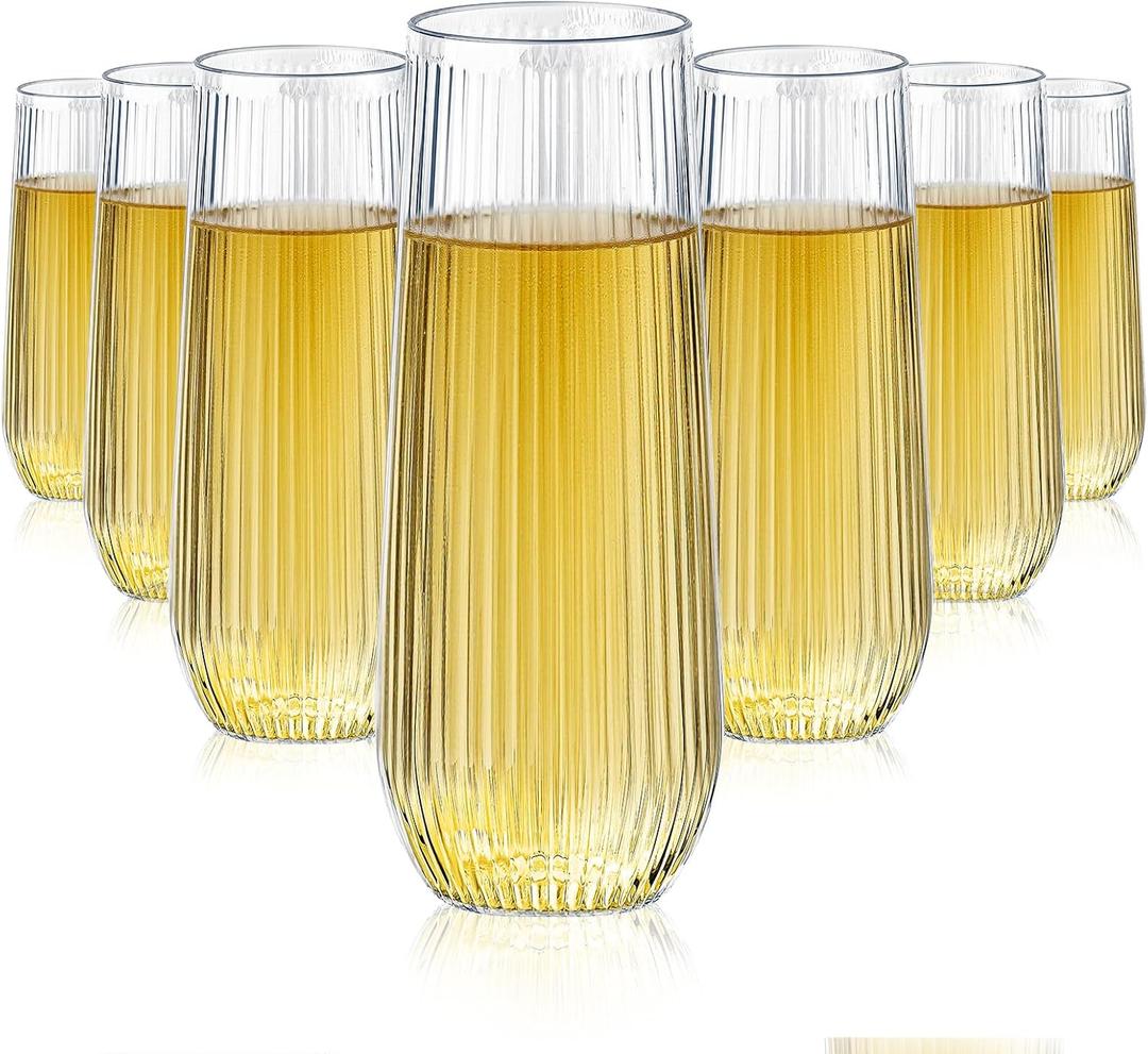 Lueumxc 48 Pack Ribbed Plastic Champagne Flutes, 9 Oz Stemless Disposable Clear Plastic Toasting Glasses Shatterproof Recyclable and BPA-Free Perfect For Wedding