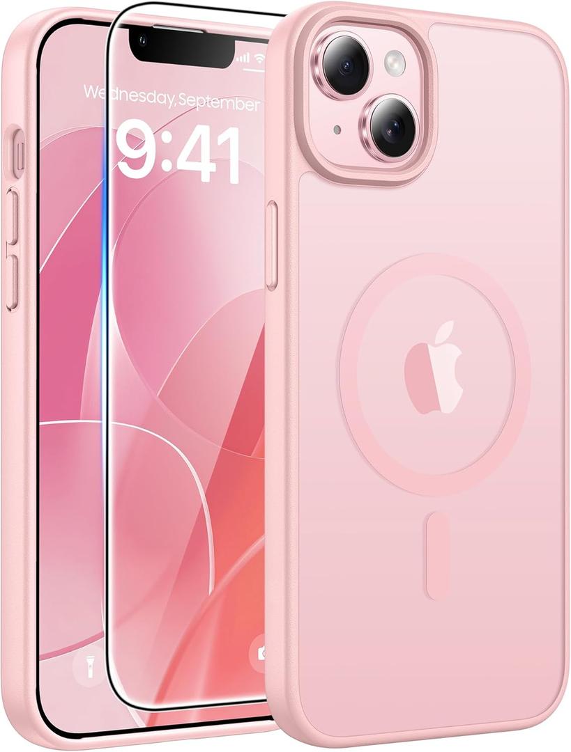 FNTCASE for iPhone 15 Plus Case: for iPhone 14 Plus Case [Compatible with Magsafe] Translucent Matte Cases with [Screen Protector] Military Grade Shockproof Protective Phone Cover - Light Pink