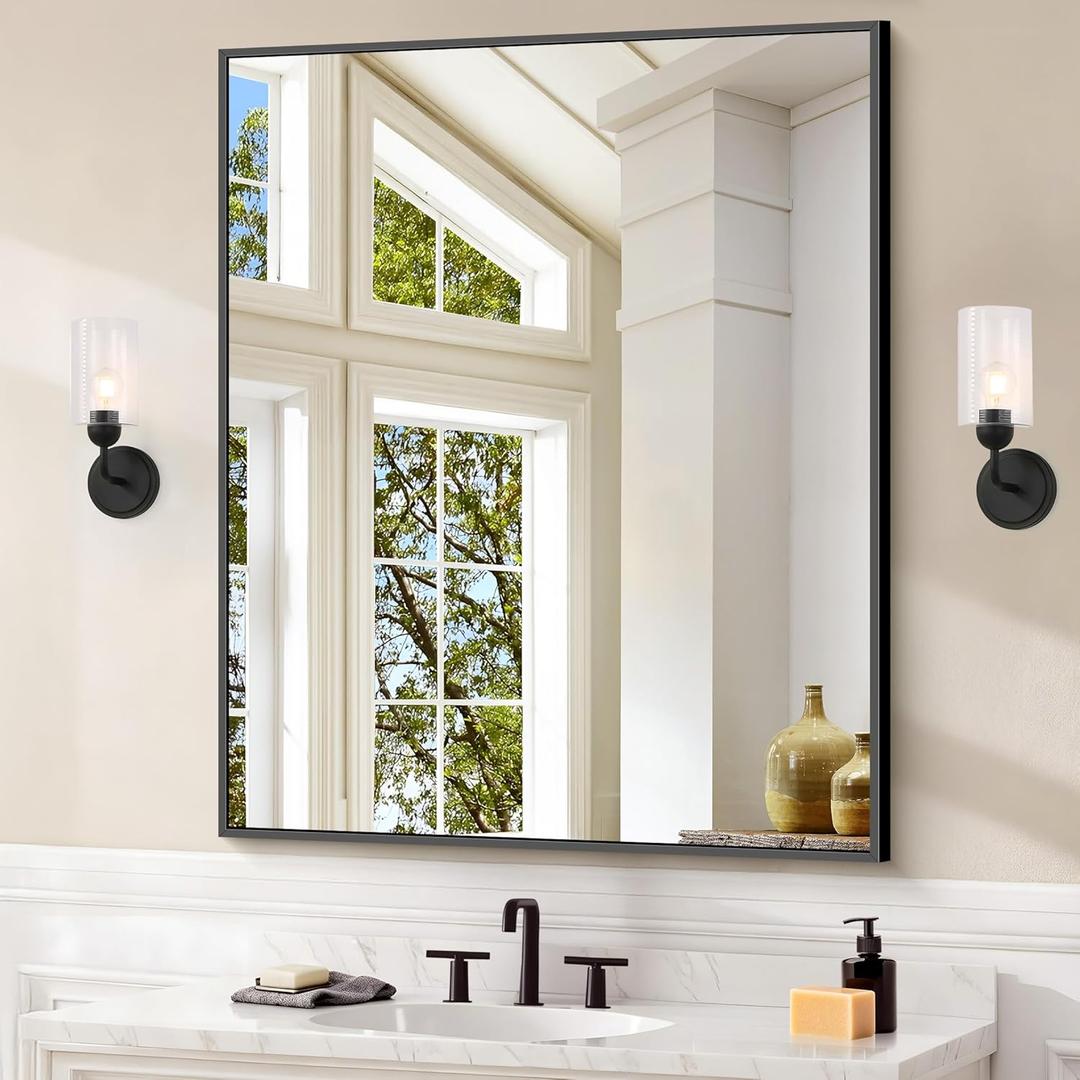 Black Bathroom Mirror for Wall, 30x36 Inch Rectangle With Metal Frame, Modern Vanity for Bathroom Living Room, Entryway Hangs Horizontal or Vertical Black Bathroom Mirror for Wall, 30x36 Inch Rectangle With Metal Frame, Modern Vanity for Bathroom Living Room, Entryway Hangs Horizontal or Vertical