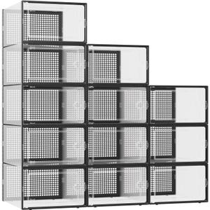 Kuject XXX-Large Shoe Storage Boxes Organizers Clear Plastic Stackable 12 Pack, Shoe Rack & Holder Substitute, Sneaker Containers, Toy Storage Organizer Bins for,Closet, Under Bed, Black(No Fold Line)