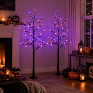 5FT LED Lighted Halloween Tree 2-Pack Orange and Purple Lights Décor
