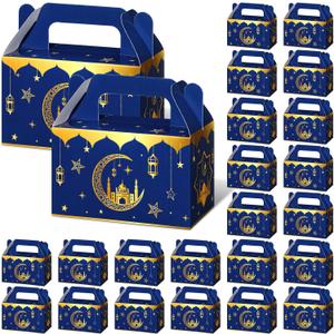 TaoBary 24 Pack Ramadan Eid Gift Bags Muslin Mubarak Ramadan Favor Boxes Foldable Eid Mubarak Candy Goodie Paper Present Boxes(Blue and Gold)