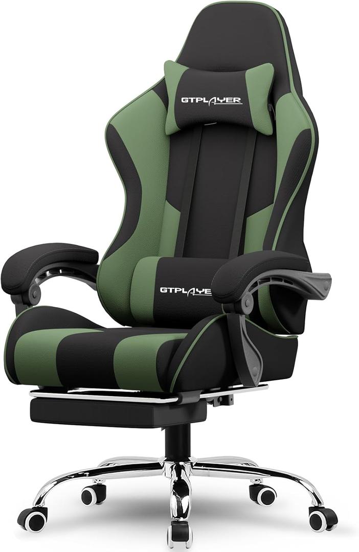 GTPLAYER Gaming Chair, Computer Chair with Footrest and Lumbar Support, Height Adjustable Game Chair with 360-Swivel Seat and Headrest and for Office or Gaming (Green, Fabric)