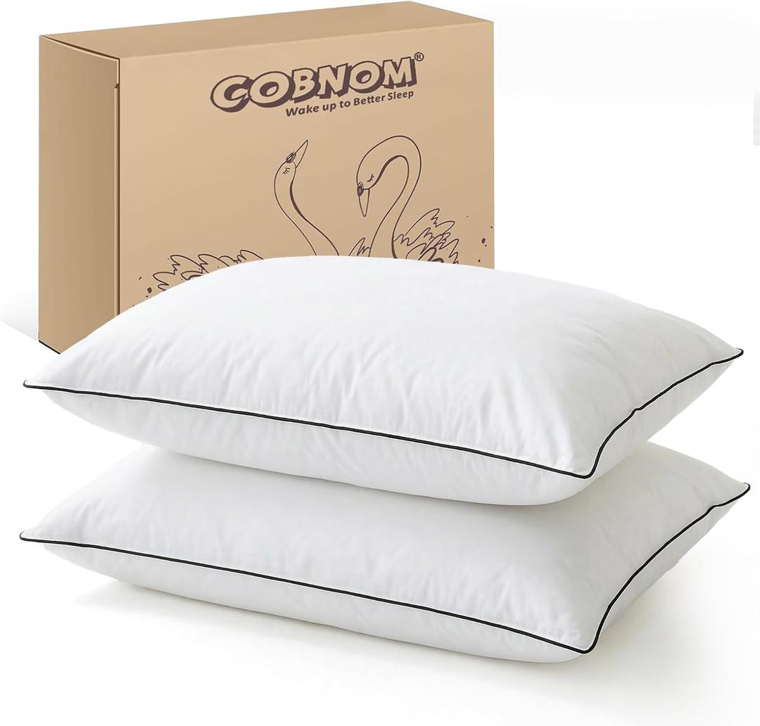 Cobnom® Goose Feather and Down Pillows Queen Size Set of 2, 3-Chamber Hybrid Bed Pillows with 750 Fill-Power Down Surrounded, 100% Organic Cotton Cover, Medium Firm for All Sleepers(20x30 Inch)
