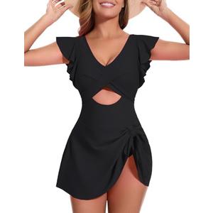 MFAVIP Women One Piece Swim Dress Tummy Control Swimsuits V Neck Ruffle Bathing Suit Cutout Wrap Side Tie Swimwear with Skirt, M