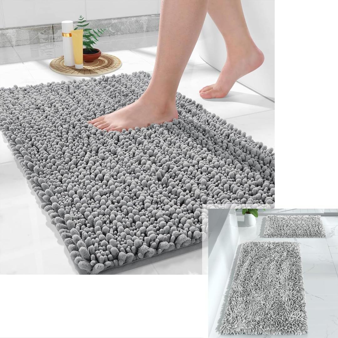 Yimobra Bathroom Rugs Set, Chenille and Shaggy,Non Slip,Ultra Soft,Absorbent, Machine Wash,Quick Dry, Gray