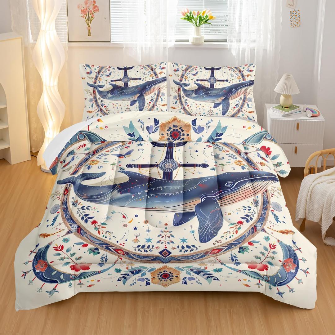 Whale Comforter Bedding Set with 2 Pillowcase King Size Ocean Comforter Set for Kids Boys Girls Bedroom Decor