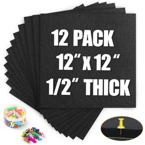 AKTOP Black Cork Bulletin Board 12x12, 1/2" Thick Felt Cork Board Tiles 12 Pack, Small Square Pin Board for Wall, Self Adhesive Corkboards with 120 Push Pin Wood Clips for School, Home & Office